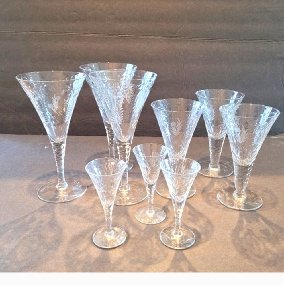 Antique Crystal Trumpet Etched Sherry/ Wine And Liquor Glasses